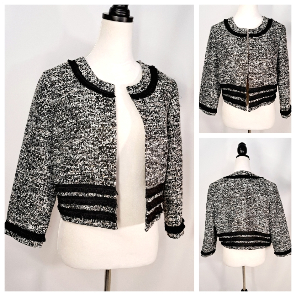 Karl Lagerfeld Women Black White Gold Tweed Crop Jacket Fringe Open Front Large